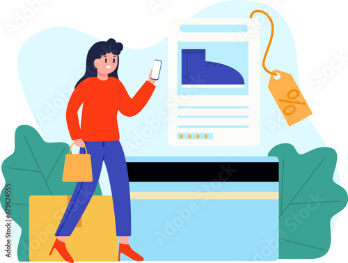 illustration of a woman wanting to buy discounted blue shoes. The woman bought shoes that were sold in the online shop application on her smartphone