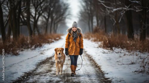 Young woman walking with her dog in the park on a winter day. photo