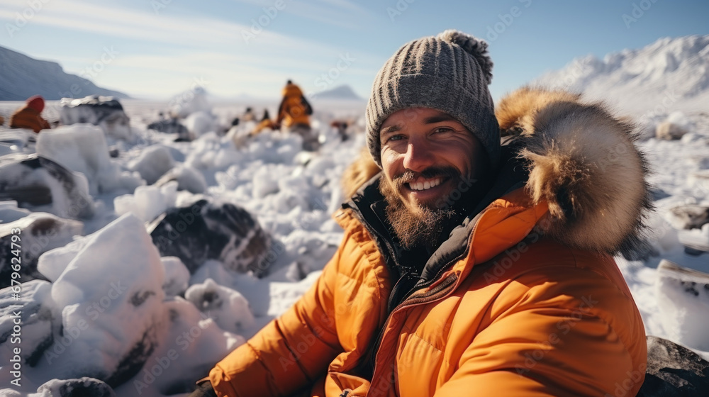 Portrait of happy man sitting on snow in winter mountains in North Pole and looking at camera.