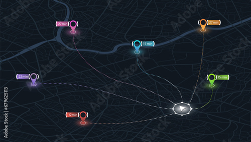 Multiple destinations, isometric. Gps tracking map. Track navigation pins on street maps, navigate mapping technology and locate position pin. Futuristic travel gps map or location navigator vector