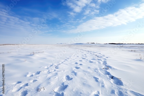 a dog sled track across a snowy tundra
