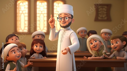 Shahada. Faith. The declaration of faith in one God Allah and His messenger. The first of the pillars of Islam. The male teacher in madras raises his finger up and shows pointing above. photo