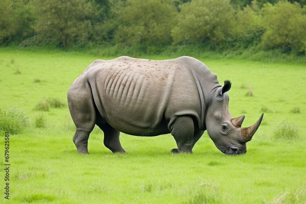 Obraz premium a rhinoceros grazing peacefully in a green field