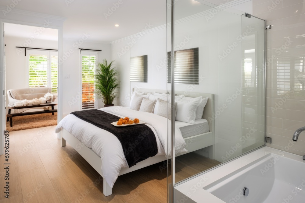 a spa-like bathroom with open shower area next to a bedroom a spa-like bathroom with open shower area next to a bedroom