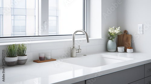 Ideas for kitchen sink space with white color as the main color, minimalist style, taking advantage of sunlight, ornamental plants, furniture, indoors, windows, sinks, vases, faucets, AI generate.