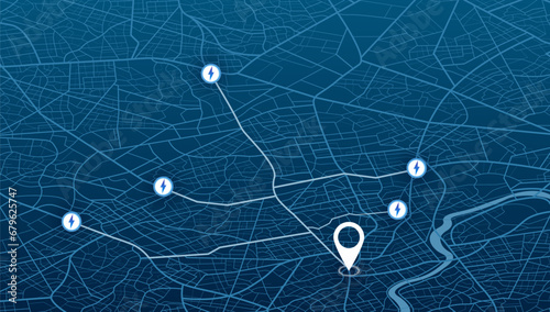 GPS navigator screen with street roads and location, destination points City top view, for application and animation. Vector, illustration isolated. Urban highway path turns, destination tag or mark