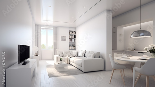 Ideas for living rooms with white as the main color, taking advantage of natural light, sofa, table, chairs, kitchen, house, living room, TV, walls, decoration, furniture, windows, lights, AI generate © PHAP