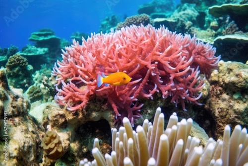 an orange clownfish playing in an anemone amidst a coral garden