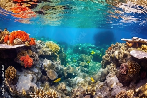 brightly coloured coral reef under crystal-clear water