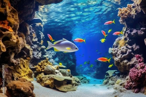tropical fish swimming in a coral cave