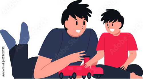 A father is accompanying his child to play with toy cars, they really enjoy quality time between children and father