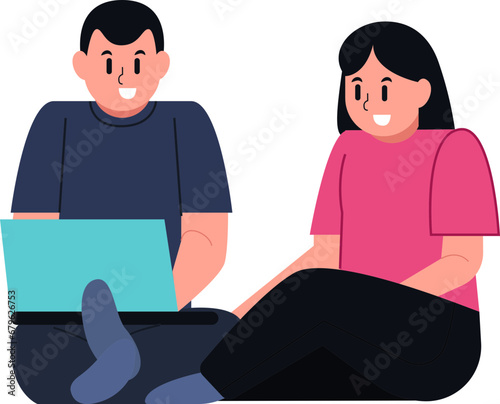 a husband is completing office work at home accompanied by his wife who is sitting beside him