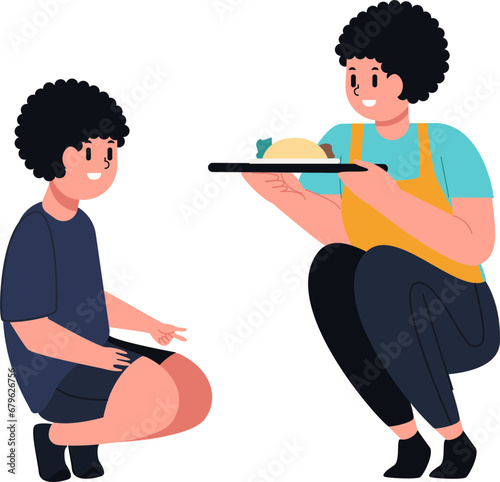 a mother with curly hair is giving her child's favorite food. The mother cooks food with love for her child