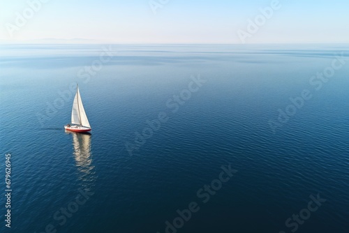 top view of a sailing boat moving through a calm sea © altitudevisual