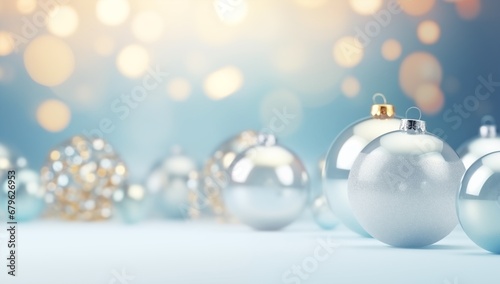 elegant style transparent glass ornaments decoration balls with golden glitter confetti, Merry Christmas and Happy New Year white and blue background