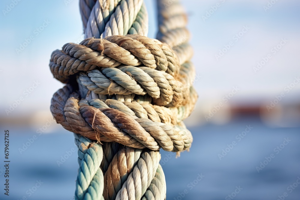 detailed shot of a knot tied on a sailboat mast