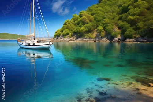 a sailing boat anchored in a tranquil bay