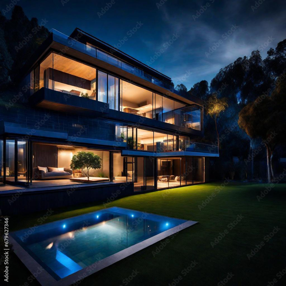 Night view of a beautiful modern house with solar panels and a swimming pool ai generative