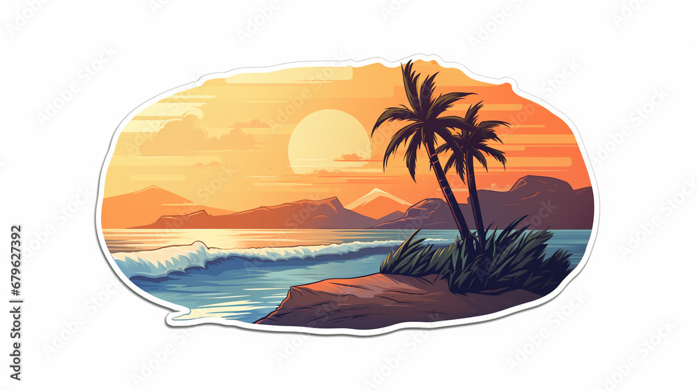 tropical beach sticker isolated on white background