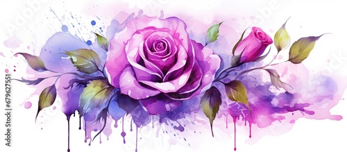 Purple rose and falling petals flower. Watercolor  AI generated image