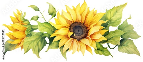 Yellow water color paint sunflower with green leaf white background. AI generated photo
