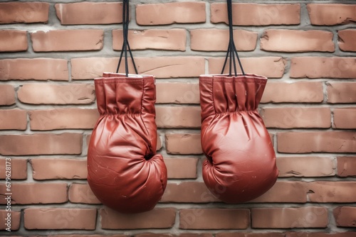 boxing gloves hanging on an old brick wall © altitudevisual