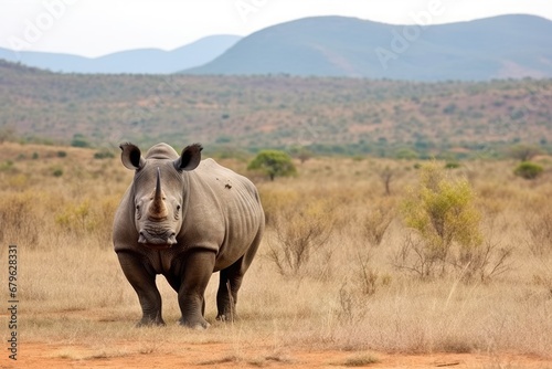 a lone rhinoceros in savanna with visible construction in the background