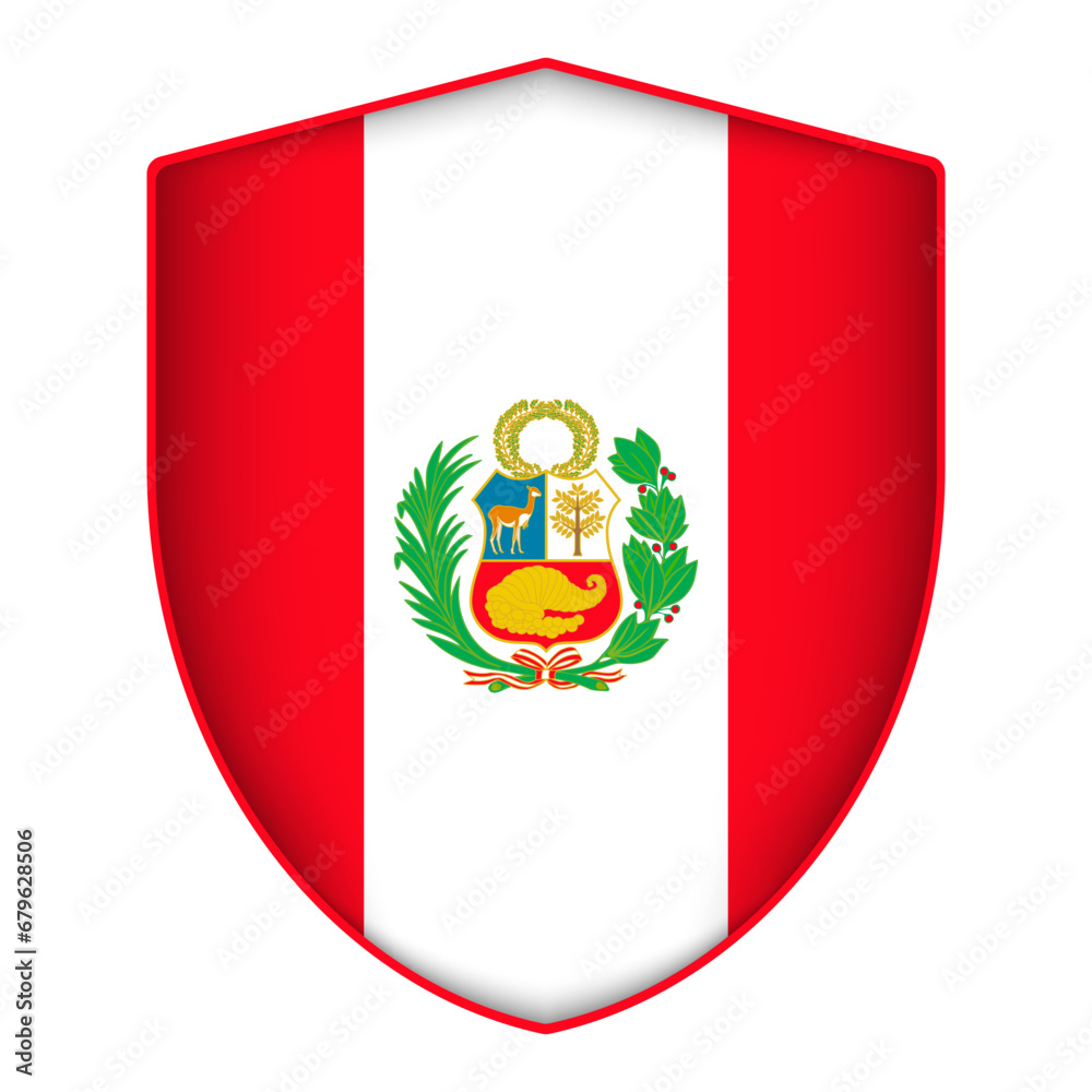 Obraz premium Peru flag in shield shape. Vector illustration.