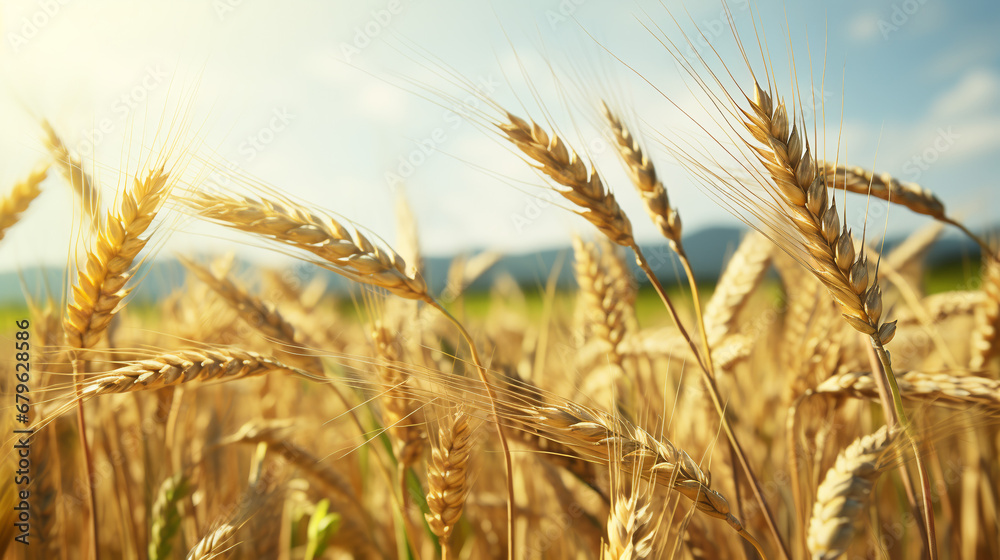 Gold wheat field in summer. Close-up view of wheat cultivating, yellow agriculture field with ripe wheat and sky with clouds over it, Golden wheat field Gold wheat field in summer. Close-up view of wheat cultivating, yellow agriculture field with ripe wheat and sky with clouds over it, Golden wheat field