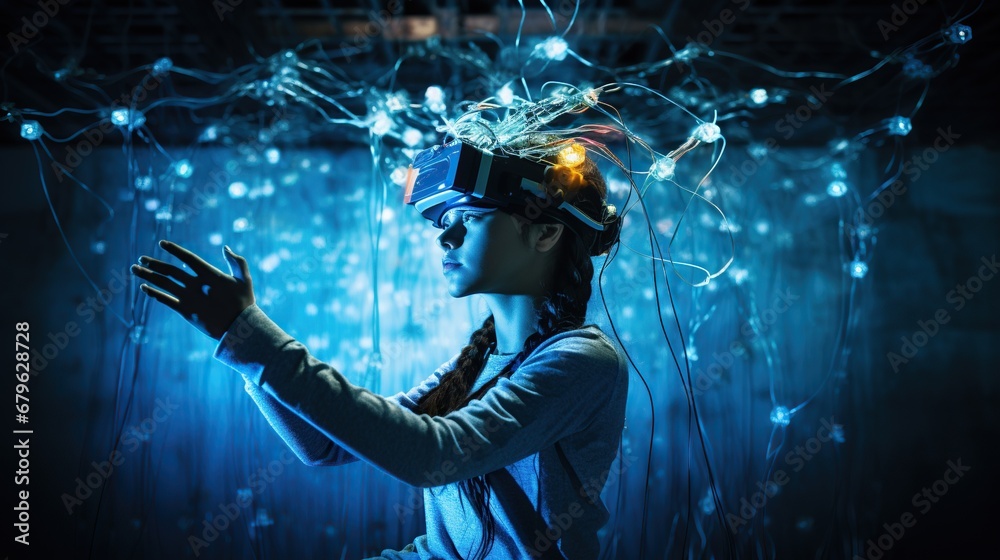 A teenager immersed in a virtual reality game, wearing a brain-computer interface with electrodes, showcasing the convergence of technology and the human mind. A teenager immersed in a virtual reality game, wearing a brain-computer interface with electrodes, showcasing the convergence of technology and the human mind.