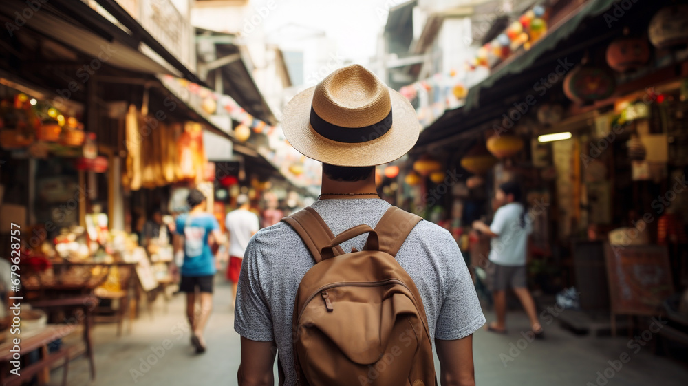 Young tourist man stands in front of cultural attractions in Asia