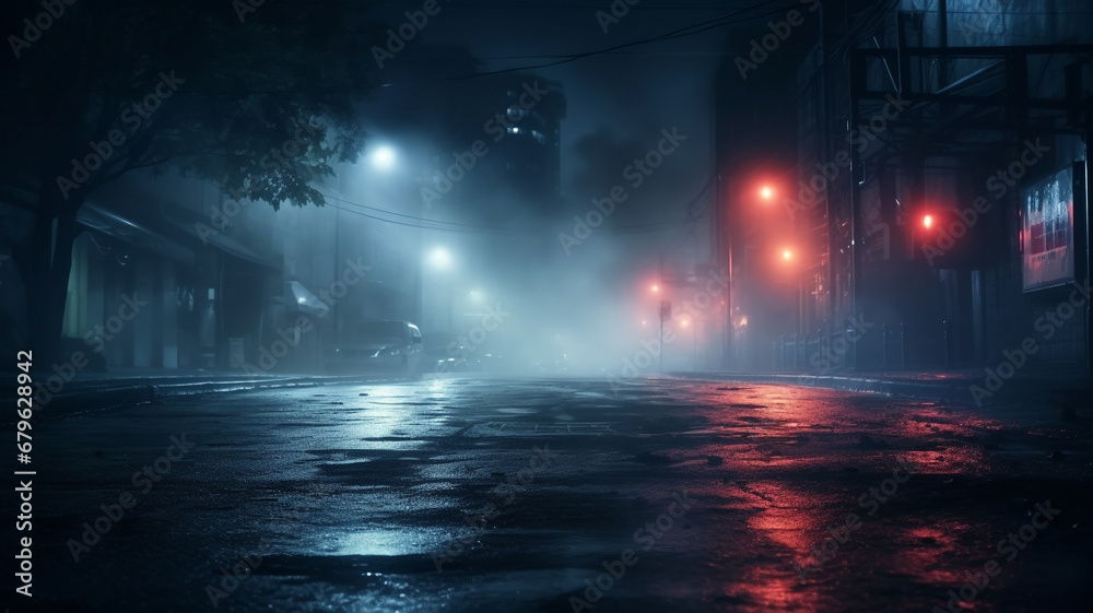Wet asphalt road and reflection of neon lights in the urban