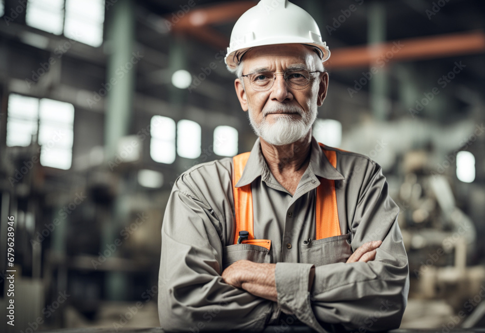 Portrait of old beautiful engineer man working in factory building. Generative AI Portrait of old beautiful engineer man working in factory building. Generative AI