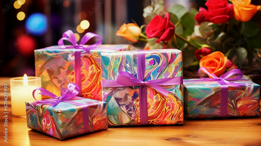 Beautiful bright gifts on bright wooden table