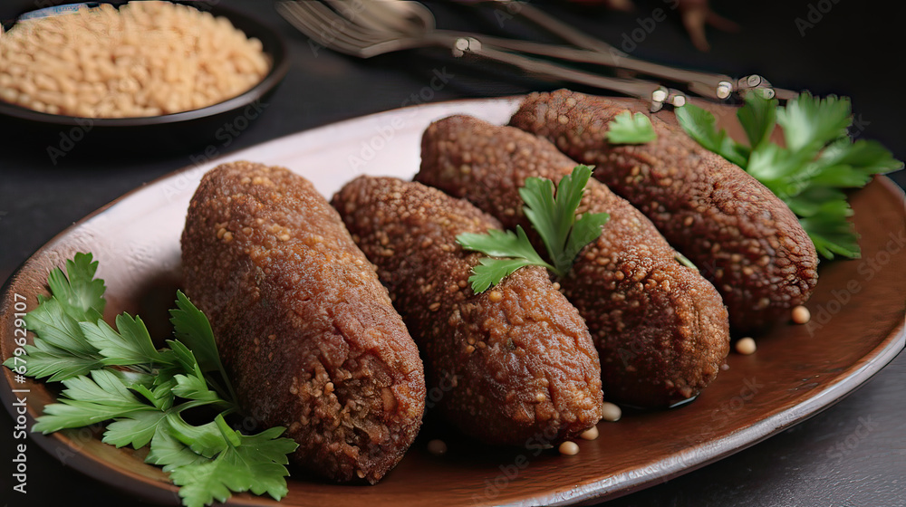 Kibbeh - traditional Arabian meatballs, minced meat and bulgur or rice wheat fried snack in plate. Eastern cuisine. Kibbeh - traditional Arabian meatballs, minced meat and bulgur or rice wheat fried snack in plate. Eastern cuisine.