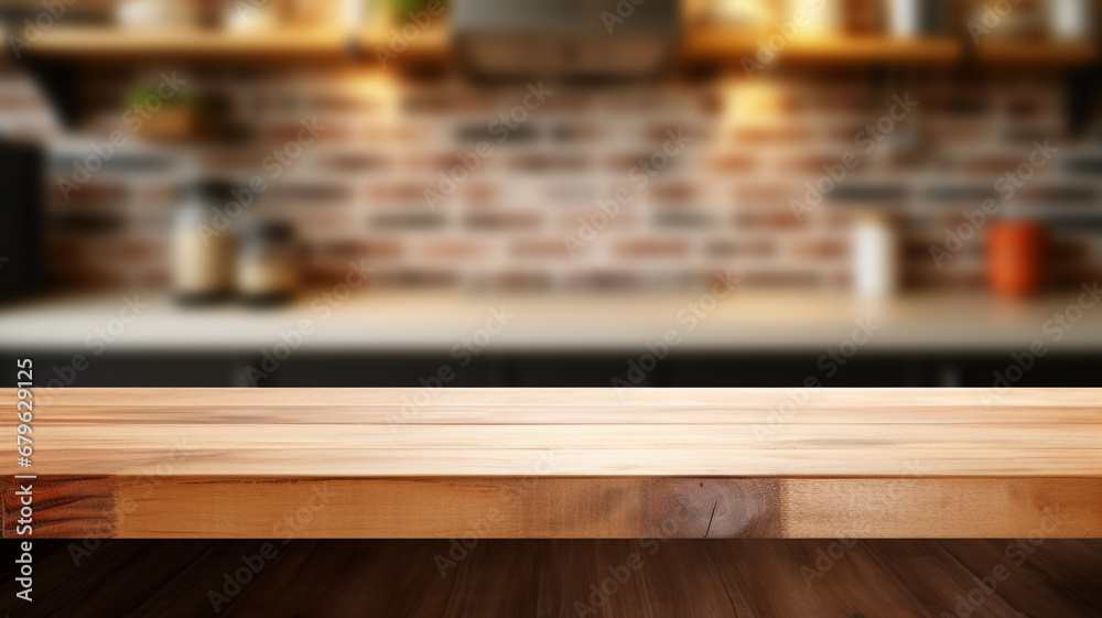 Empty minimal natural wooden table counter podium in the kitchen