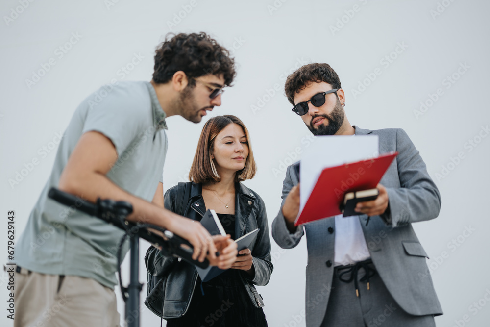 Fototapeta premium Young adults in the city collaborate outdoors, discussing business strategies, financial planning, and project costs. Entrepreneurs or corporate team embrace innovation and cooperation.