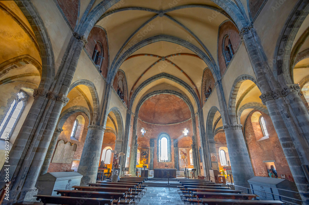 SANT'AMBROGIO DI TORINO, ITALY, OCTOBER 11, 2023 - View of the inner of the Sacra of San Michele (St. Michael Abbey) in Susa Valley, Province of Turin, Piedmont, Italy