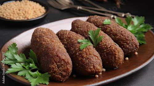 Kibbeh - traditional Arabian meatballs, minced meat and bulgur or rice wheat fried snack in plate. Eastern cuisine.