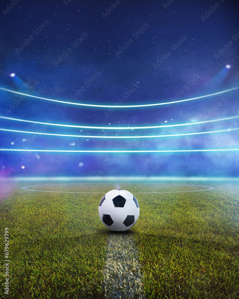 Obraz premium textured soccer game field with smoke - center, midfield