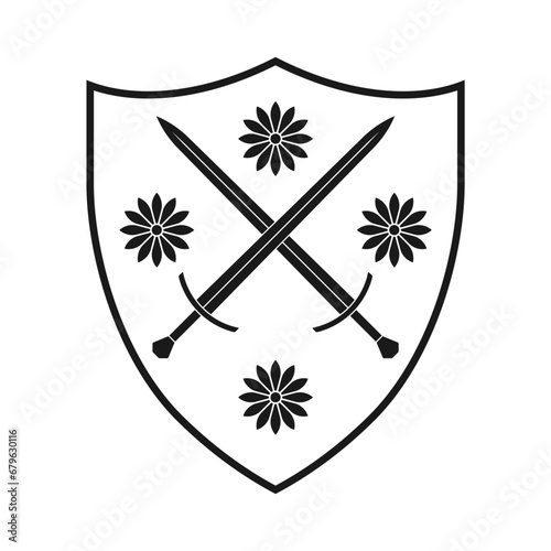 Shield and sword crossed and flowers icon. Coat of arms symbol. heraldry logo sign. Vector illustration image.