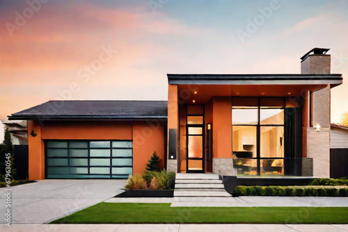 This stunning stock photo showcases a beautifully crafted modern house design featuring a bold and sophisticated facade with a warm color palette and exquisite attention to detail. ai generative © Aurangzaib