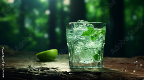 Ice in a glass of water on a wood table the background