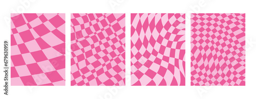 Pink checkered board banners, posters. Abstract geometric background. Y2k glamour aesthetic. 2000s. Girly doll mood. Vibrant Pink Background.