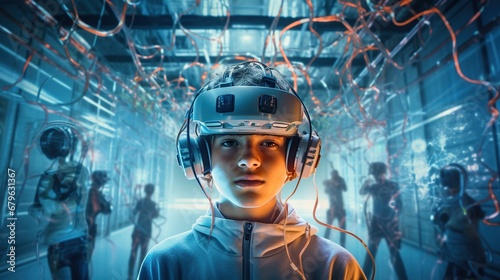 A teenager wearing a brain-computer interface device with electrodes, deeply engaged in a virtual reality game, highlighting the integration of technology with the human mind. photo