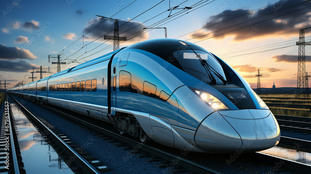 Naklejka premium an ultra-modern passenger train runs on tracks and transports passengers