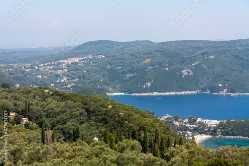 Panoramic view on Mediterranean Sea with forest, Corfu