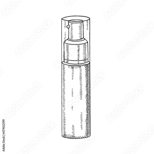 Hand drawn foundation cream, tonal fluid in sketch style. Doodle engraving cosmetics. Vector makeup illustration with hand made lettering