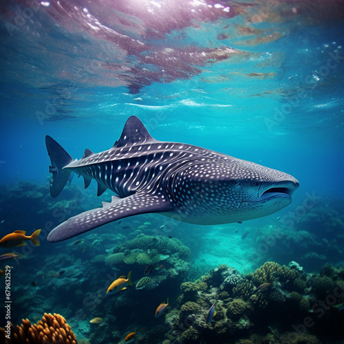 Whale shark, coral reef, bright colors, rare shark species.