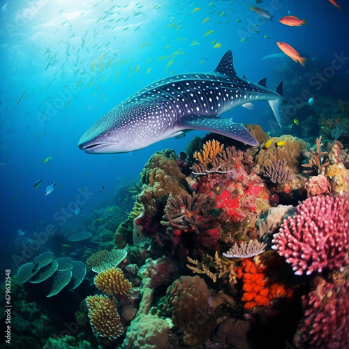 Whale shark, coral reef, bright colors, rare shark species. © A LOT ABOUT EVERYTHI